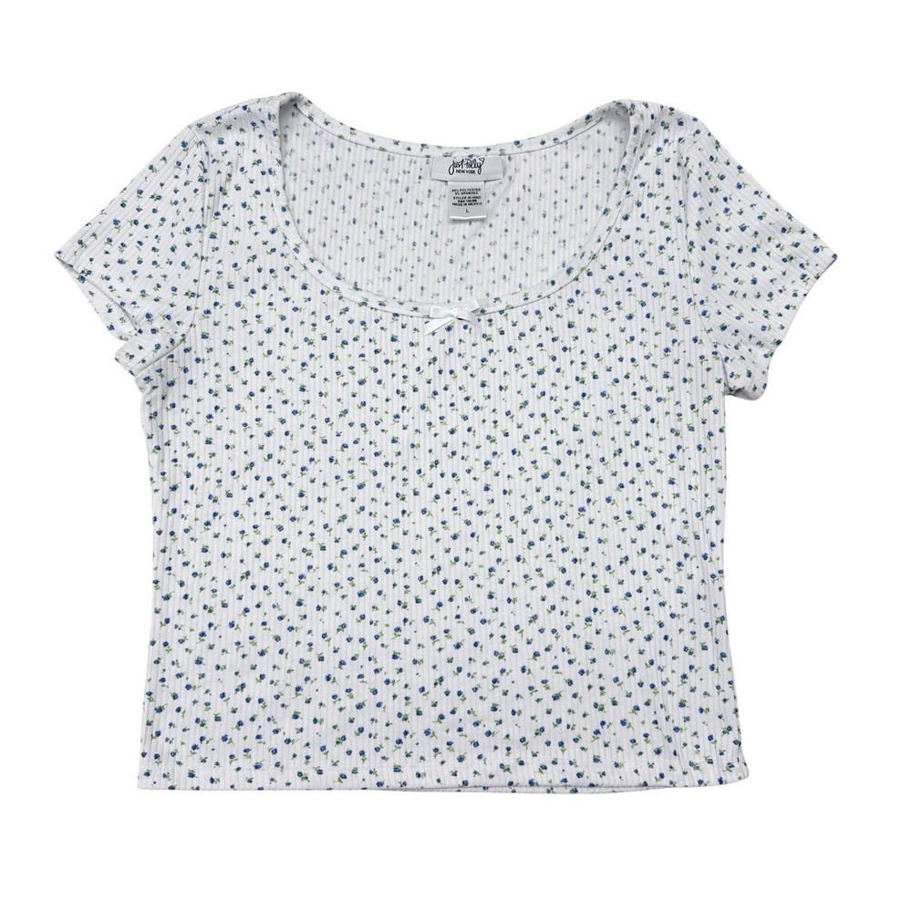 Just Polly Top Womens Size Large White Floral Short Sleeve Y2K Gen Z Casual